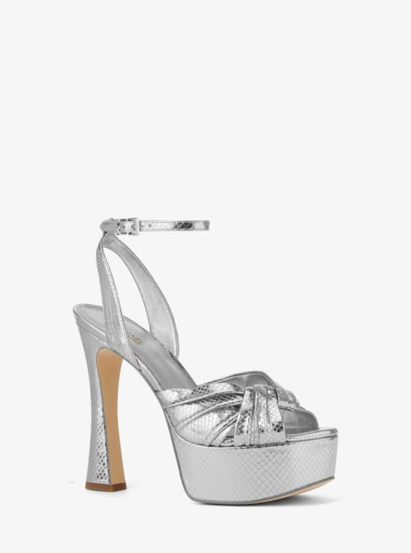 Damske Sandále Michael Kors Selena Metallic Snake Embossed Leather Platform Strieborne - Topanky Michael Kors Lacne | AODUM-9261